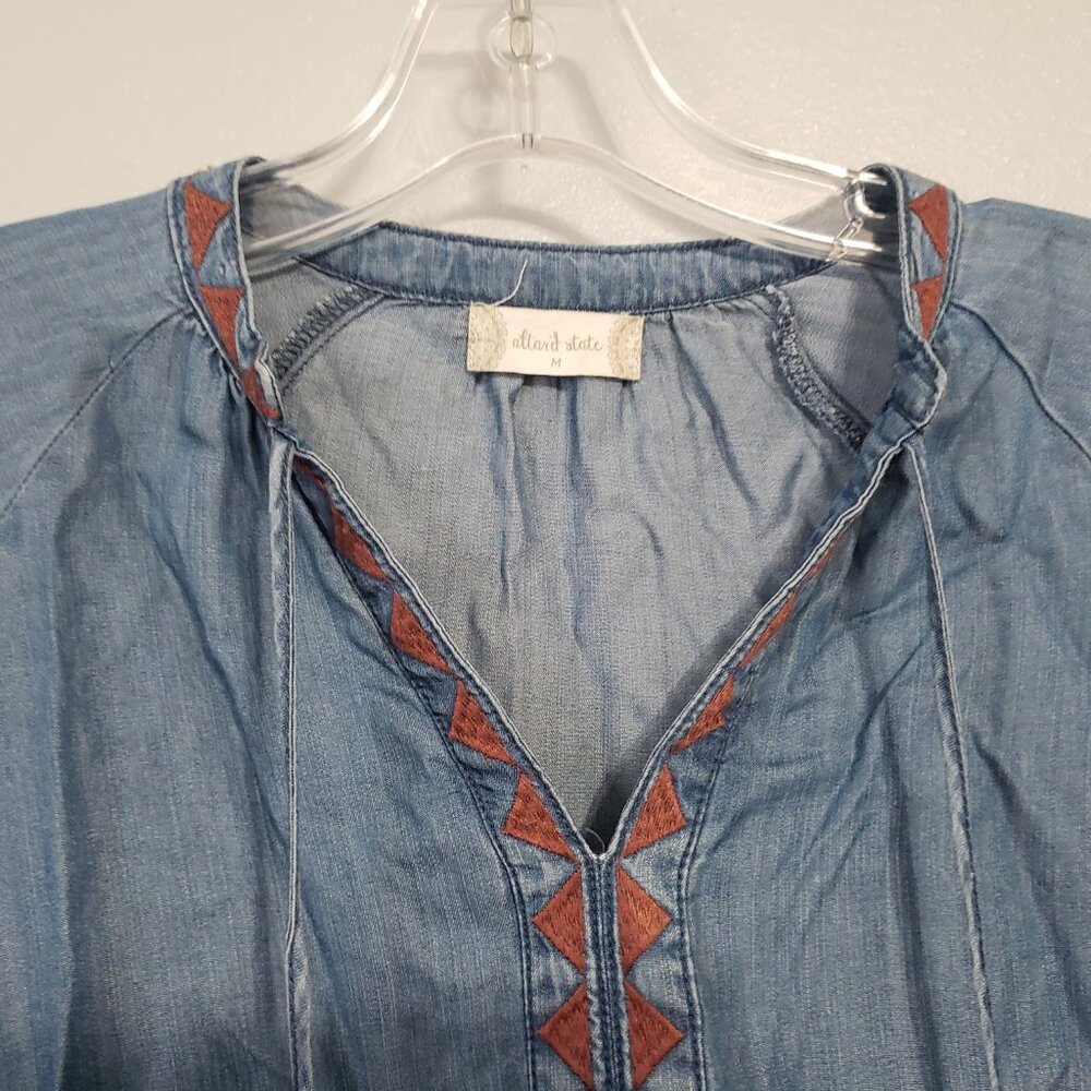 Altar'd State Womens M Embroidered Chambray Boho Tunic Top Blue Long Tassels - Picture 2 of 15